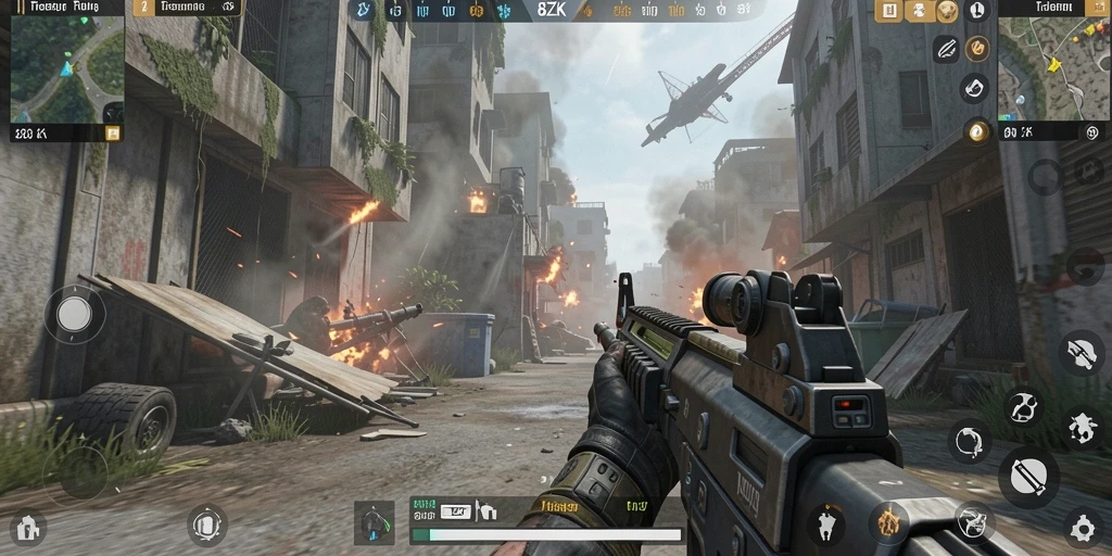 Screenshot gameplay 8ZK menampilkan pertempuran FPS yang mendebarkan.