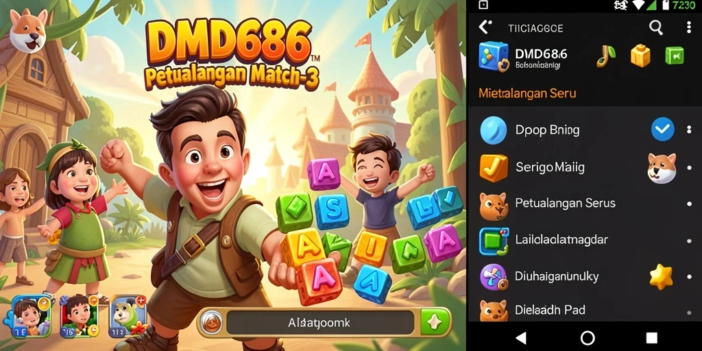 Screenshot DMD686 menampilkan permainan seru Match-3 yang penuh warna.