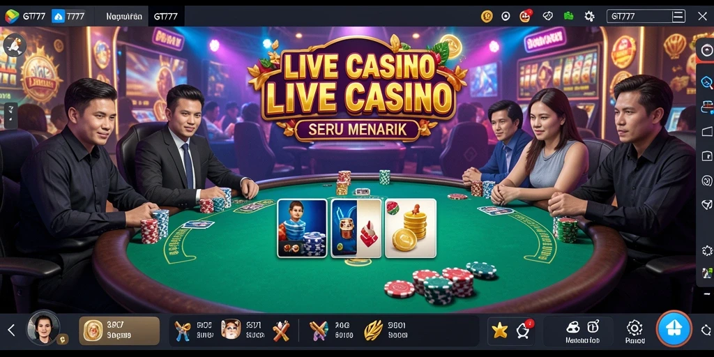 Screenshot gameplay GT777 menampilkan dealer langsung dalam suasana kasino yang nyata.