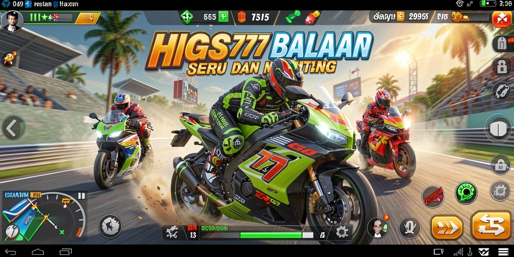 Gameplay HIGGS777 menampilkan aksi balapan motor yang mendebarkan.