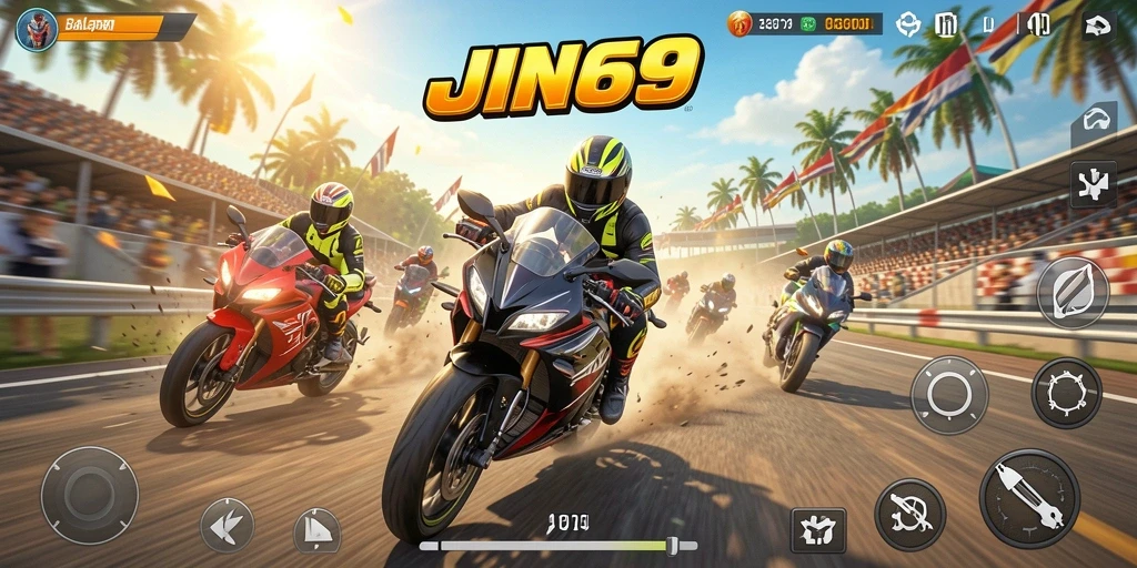 Tangkapan layar gameplay JIN69 dengan balapan motor yang mendebarkan.