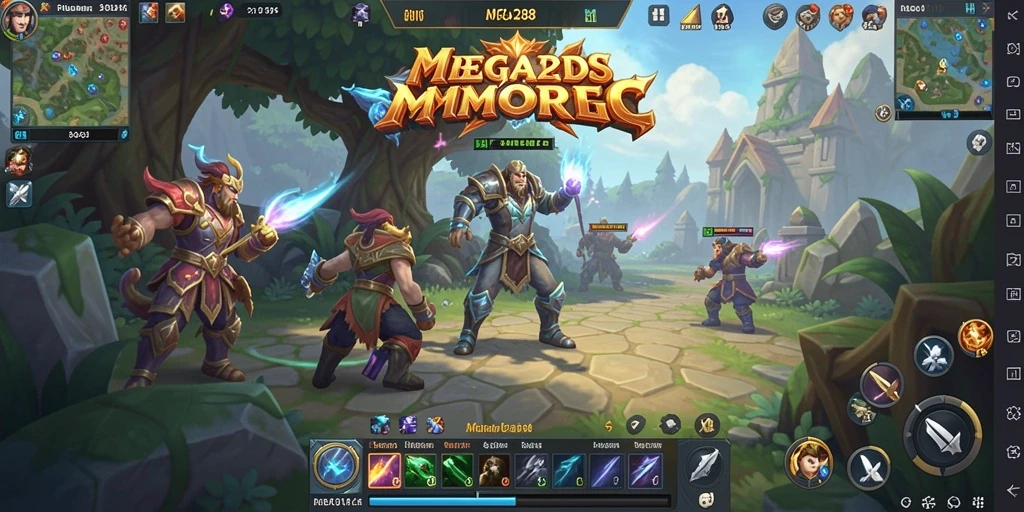 Screenshot gameplay MEGA288 yang menampilkan pertempuran epik di dunia MMORPG.