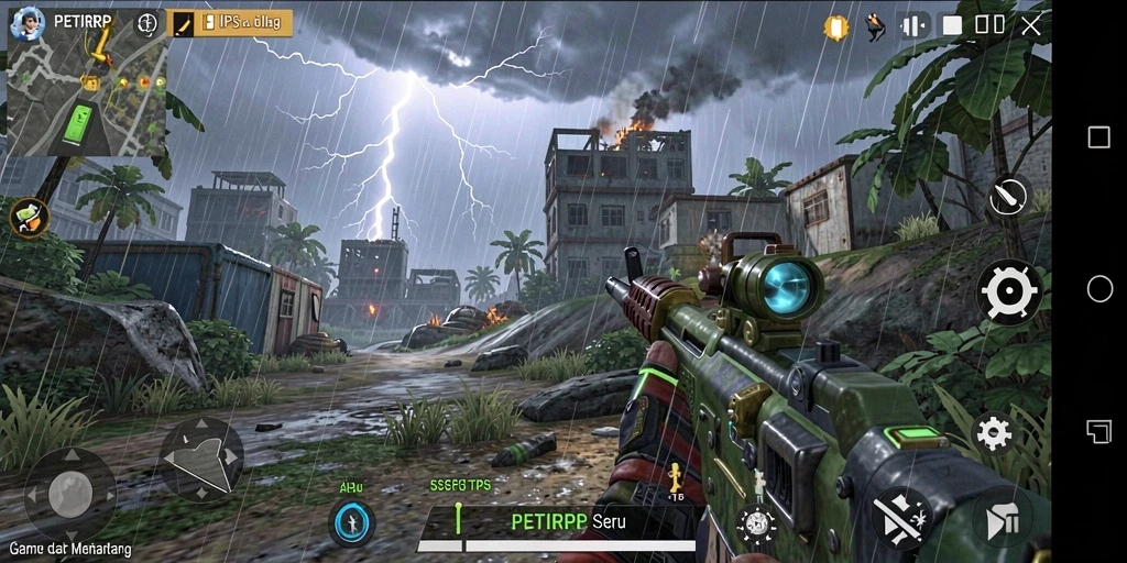 Tangkapan layar gameplay PETIRRP yang menampilkan aksi tembak-menembak yang mendebarkan.
