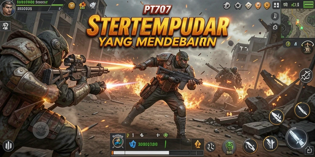 Screenshot utama menunjukkan aksi pertempuran strategis yang mendebarkan.
